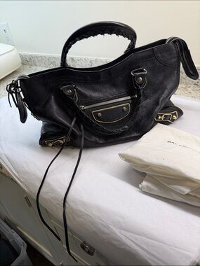 Balenciaga Black Leather Shoulder Tote with Gold Hardware